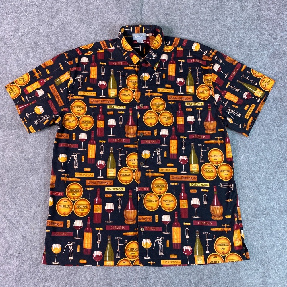 High Seas Trading Co Shirt Mens XXL Wine Bottle Barrels AOP USA Vintage